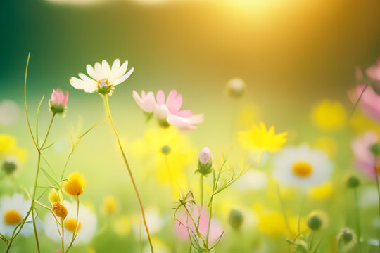  A warm sunrise bathes a field of wildflowers in a golden glow