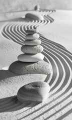 A black and white photograph of a stack of rocks in the sand. Generative AI.