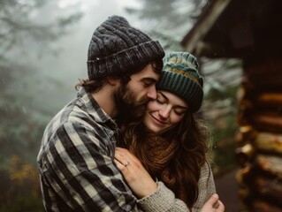 Fototapeta premium A man and woman hugging in the rain outside a cabin. Generative AI.