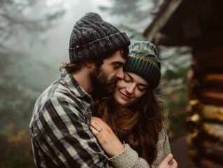 A man and woman hugging in the rain outside a cabin. Generative AI.