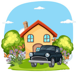 Colorful vector of a house, car, and lush garden.