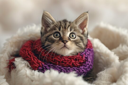 Furry Feline in a Scarf A Cute and Cozy Winter Photo Generative AI