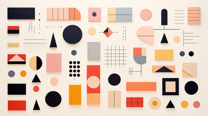 Minimalist geometric arrangement background image. Harmonious blend of colors and forms flat colorful illustration backdrop horizontal. Calm modern aesthetic wallpaper art concept