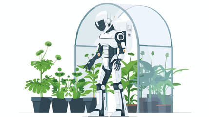 Robot in greenhouse Flat vector isolated on white background