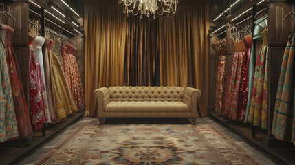 Generative AI, Luxury store of women clothing with beige sofa, female wardrobe interior	