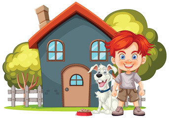 Smiling boy with pet dog in front of house