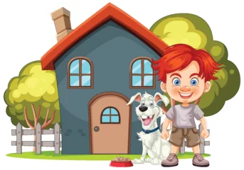 Foto op Plexiglas Kinderen Smiling boy with pet dog in front of house