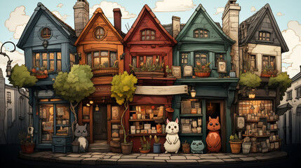 Colorful storefronts with anthropomorphic animals 2D cartoon illustration. Fantasy picturesque street flat image colorful scene horizontal. Storybook feel wallpaper background art - obrazy, fototapety, plakaty