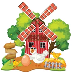 Keuken foto achterwand Kinderen Colorful farm scene with windmill, birds, and eggs.