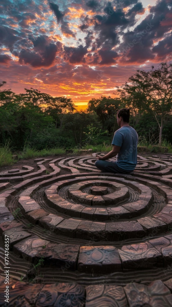 Wall mural A man sitting on a circular stone structure at sunset. Generative AI.