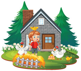 Smiling boy surrounded by chickens outside a stone house.
