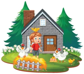 Foto op Plexiglas Kinderen Smiling boy surrounded by chickens outside a stone house.