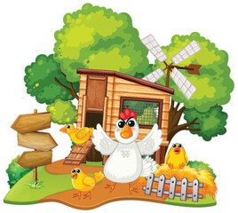 Cheerful chickens outside a wooden coop with windmill.