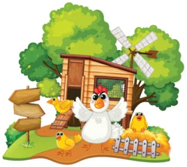 Poster Kinderen Cheerful chickens outside a wooden coop with windmill.