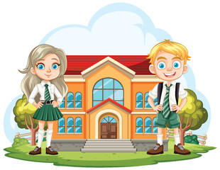 Two cartoon kids in uniform outside their school.