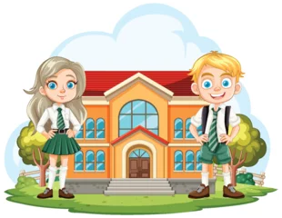 Deurstickers Two cartoon kids in uniform outside their school. © GraphicsRF