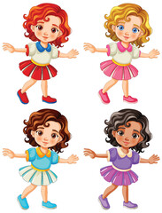 Four cartoon girls with different hairstyles dancing.