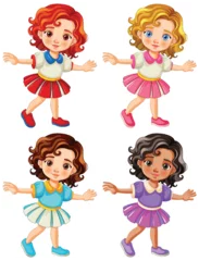Deurstickers Kinderen Four cartoon girls with different hairstyles dancing.