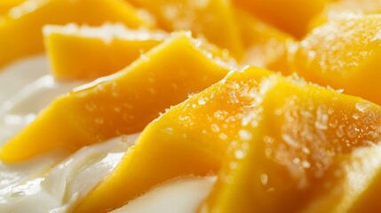 A close up of a plate with mangoes and cream on it. Generative AI.