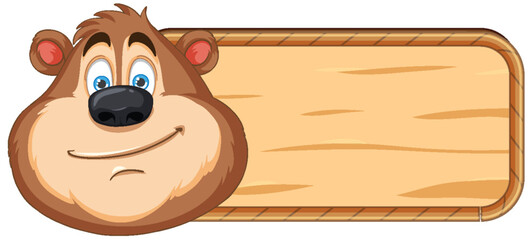 Cartoon bear peeking over a wooden sign.