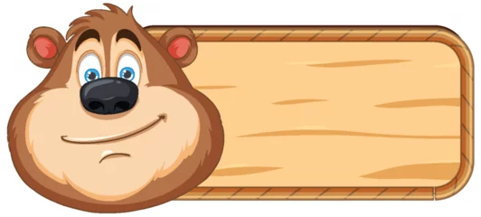 Deurstickers Cartoon bear peeking over a wooden sign. © GraphicsRF