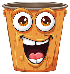 Cheerful wooden bucket with a lively face - obrazy, fototapety, plakaty