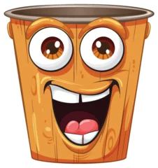 Deurstickers Kinderen Cheerful wooden bucket with a lively face