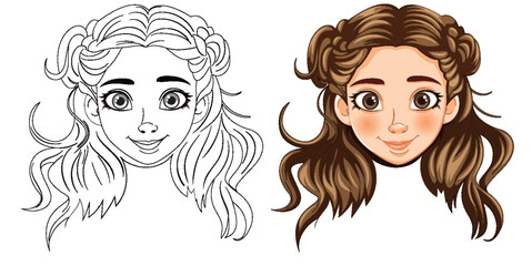 Vector illustration of a girl, from line art to colored.