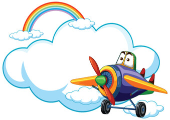 Cartoon airplane flying among clouds and rainbow