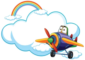 Poster Kinderen Cartoon airplane flying among clouds and rainbow