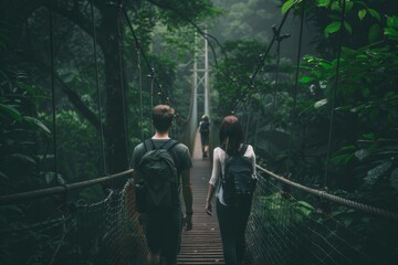 Two people walking across a suspension bridge in the jungle. Generative AI.