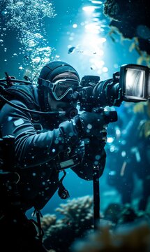 A man in scuba gear holding a camera underwater. Generative AI.