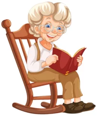 Poster Kinderen Elderly woman reading a book in rocking chair