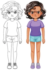 Fotobehang Kinderen Color and outline of a cartoon girl looking angry