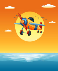 Colorful old-fashioned airplane above tranquil sea