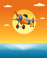 Deurstickers Kinderen Colorful old-fashioned airplane above tranquil sea