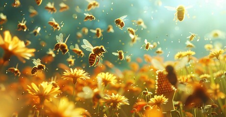 Fototapeta na wymiar Buzzing Bees in a Field of Flowers A Honey-Filled Haven for the Busy Bee Generative AI