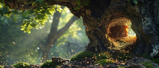 Bee-autiful Honeycomb Haven in a Tree Generative AI - obrazy, fototapety, plakaty