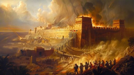 Epic ancient city under siege painting - A dramatic scene of an ancient city under attack with soldiers and towering walls amidst volcanic eruptions - obrazy, fototapety, plakaty