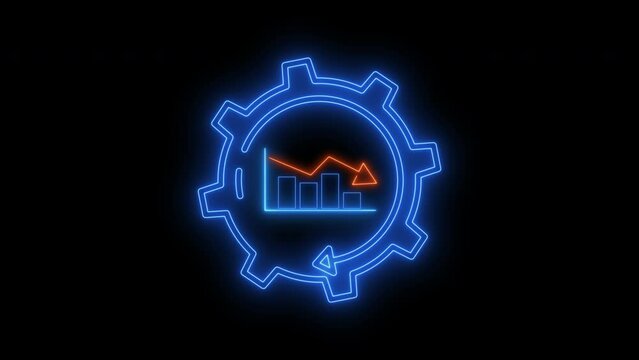 Money, profit, investment, growth business, economy, finance and success concept. Glowing neon line animation of virtual graph with down arrow inside cogwheel isolated on transparent background.