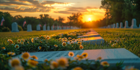 Sunset over cemetery with wildflowers and gravestones. - obrazy, fototapety, plakaty