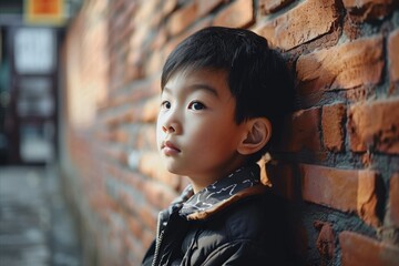 portrait of asian boy on brick wall background, vintage tone