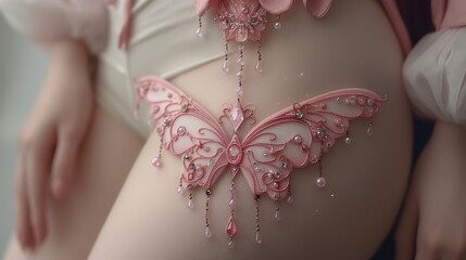 close up lingerie and underwear fashion portrait, pretty girl wearing sexy pink white lace panties decorated with butterfly pearls and glitter, fantasy fairytales atmosphere, Generative Ai