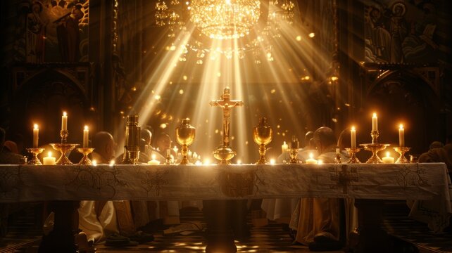 Candles illuminate church altar with crucifix - An ethereal image showcasing a church's altar bathed in candlelight, highlighting the religious crucifix