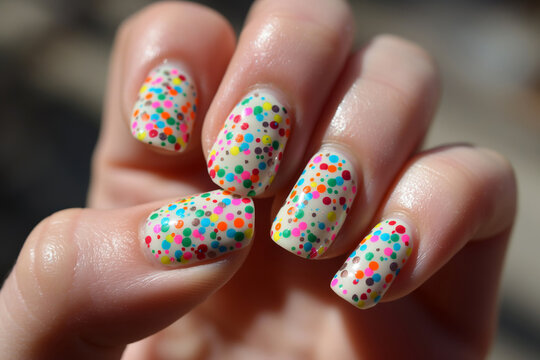 Close-up of rainbow sprinkle nail design, evoking the fun of colorful candies