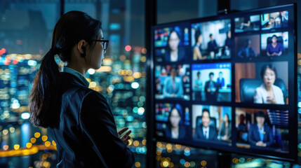 Businesswoman stands in office at night, attentively observing wall of screens displaying virtual team meeting, with blurred city skyline as backdrop - obrazy, fototapety, plakaty