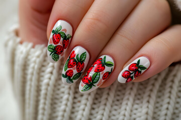 Close-up of a hand with nails painted in a strawberry and leaf pattern, evoking a fresh, summer vibe