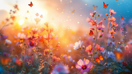 fiori di malva multicolore sul campo, farfalle volanti sullo sfondo dell'alba, stile pittura, arte digitale, quadro digitale di fiori primaverili