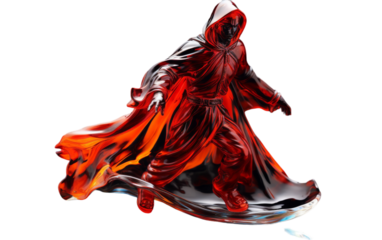 A delicate glass figurine of a man adorned in a vibrant red robe stands in a pose of contemplation