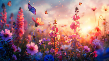 fiori di malva multicolore sul campo, farfalle volanti sullo sfondo dell'alba, stile pittura, arte digitale, quadro digitale di fiori primaverili - obrazy, fototapety, plakaty